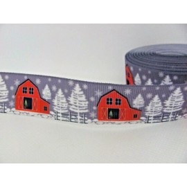 Christmas Barn 1 inch Grosgrain Ribbon Gray