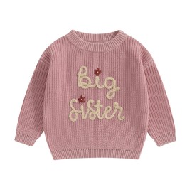 Yassiglia Big Sister Little Sister Matching Outfits Toddler Baby Girls Fall Winter Jumper Cute Knit Sweater Letter Embroidery Pullover Top Knitwear (Rosy Pink-Big, 3-4 Years)