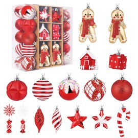 Shareconn 65pcs Christmas Tree Ornaments Set, Shatterproof Christmas Gingerbread Man Balls Bulk Gift Boxes, Hanging Plastic Decorative Baubles for Xmas Trees Decorations, Holiday Party, Red White