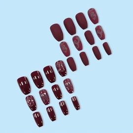 24 uñas postizas cuadradas medianas con diseño floral retro, diseño en relieve 3D, estilo gótico burdeos, uñas acrílicas brillantes de cobertura compl
