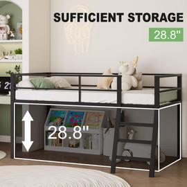 Lutown-Teen Low Loft Bed Twin Size, Junior Metal Twin Loft Bed with Stairs and Safety Guard, Noise Free for Small Bedroom, Black
