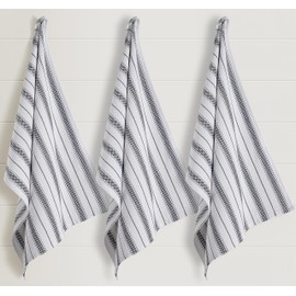 Casa De Lan Kitchen Towels Set – Pack of 3 (20’’ x 30’’) Extra Large Premium Cotton Dish Towels for Kitchen – Chain Stripe Towels – Highly Absorbent – 100% Cotton – with Hanging Loop – Dark Grey