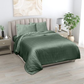 LINENWALAS Double Flat Sheet Only, 100% Organic Bamboo Silk Top Sheet, Flat Sheet for Double Size Bed, Soft, Breathable, Cooling Designer Checks Bedding Flat Sheet (Avocado Green, Double)