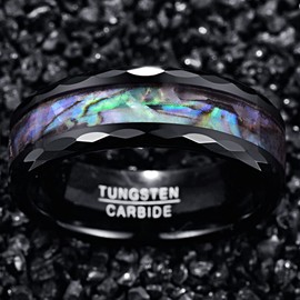 Vakki Black Men's 8mm Tungsten Wedding Bands Abalone Shell Rings with Faceted Edges Size 8.5