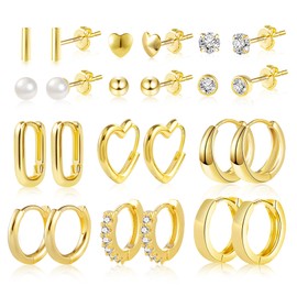 ASH'S CHOICE 12 Pairs Multipack Earrings Silver 925 Hoop Earrings Gold Stud Earrings Small Set Glitz Hoop Earrings Square Oval Heart Small Stud Earrings with 5A Zircon Rhinestone 9ct Gold Earrings Set