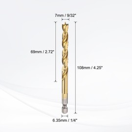 sourcing map Brad Point Drill Bits 7mm(9/32) Dia 1/4" Hex Shank Drill Metric Brad Point 2.72 Drilling Depth Spiral Twist Drill Bits for Carpenter Woodworking Plastic Rubber, Gold