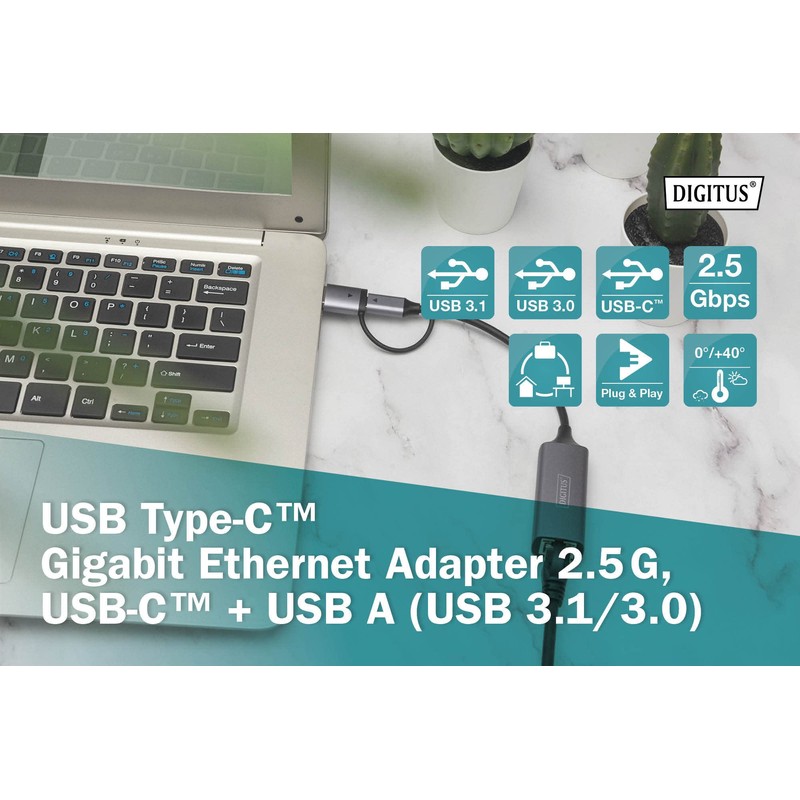 DIGITUS DN-3028 USB Type-C™ Gigabit Ethernet Adapter 2.5G, USB-C™ +