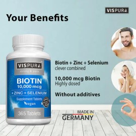 Vispura Biotina 10000 Mcg Zinc Selenio, Vegano, 365 Tabletas Na
