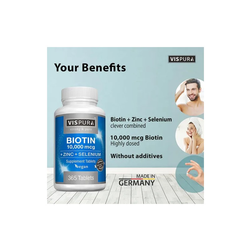 Vispura Biotina 10000 Mcg Zinc Selenio, Vegano, 365 Tabletas Na
