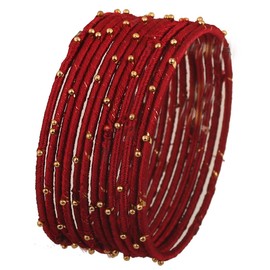 Touchstone Silk Thread Bangle Collection Handcrafted Faux Silk Thread Maroon Thread Golden Beads Bangle Jewelry For Women In Antique Gold Tone. Set of 12.