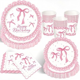 LOONELO Pink Bow Birthday Party Supplies, 84pcs Coquette Girl Happy Birthday Bowtie Tableware Set, Disposable Pink Bow Knot Plates, Cups, Napkins for Girl Birthday Decorations, Serves 20 Guests