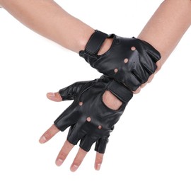 JISEN Men PU leather Punk Half Finger Hollow Out Gloves Black