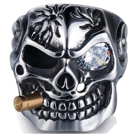 Vintage Stainless Steel Gothic Skull Smoking Bullet Biker Cocktail Party Ring (Z+7)