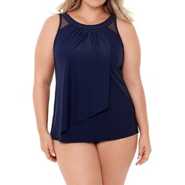 Miraclesuit Women's Plus Size Swimwear Illusionist Ursula High Neckline Mesh Insert Underwire Bra Tankini Bathing Suit Top, Midnight, 16W