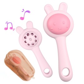 Texturierte Silikon Beißspielzeug für Baby, 2 in 1 Rassel und Beißring Spielzeug, sensorische Exploration und Zahnen Relief, leicht zu halten Griffe, 0 + Monate (Pink)