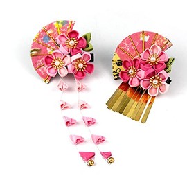Bethany Home Tsumi Handicraft Hair Ornament, Set of 2, Hair Clip, Flowers, Hair Ornament, Golden Plum, Fan, Coming of Age Ceremony, Furisode, Kimono, Yukata, Cute, Clip, Floral Decoration, Headdress,