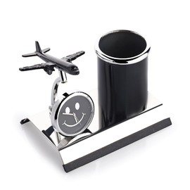 ZAHEPA Aeroplane Miniature Metal Pen Stand with Clock,Stylish Stationary Desk Organizer,Pencil Holder,Elegant Corporate Gift Set,Durable Decorative Showpiece for Office