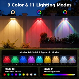 Solar Fence Lights Outdoor,11 Modes&9 Colors RGB/Cold/Warm White Fence Lights Solar Powered,IP65 Waterproof, 60LM LED Color Changing Solar Lights for Patio,Backyard,Wall,Deck,Party,Decor 2 Pack
