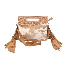 Merbaa Women Natural Cowhide Leather Hand tooled Crossbody Sling Bag With Adjustable Detachable Strap and side fringes| Shoulder Bag | Handbag
