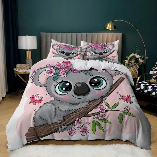 Linfye Bed Linen 135 x 200 cm Koala Duvet Cover with Zip Closure, Duvet Cover Set 3-Piece Soft Comfortable Microfibre Bed Linen Set + 2 Pillowcases 65 x 65 cm