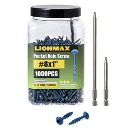 LIONMAX 1 Inch Pocket Hole Screws, 1000 PCS Exterior Screws #8 x 1, Coarse Thread, Square Drive, Blue Coated Weather Resistant, 150MM Drive Bit Included