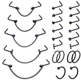 Kiethleasa 20G Nose Ring Nose Piercing Chain Stainless Steel Across Nose Nostril Jewelry with CZ Nose Hoop Bone Screw L Shaped Nose Ring Stud for Women Men High Nostril Bridge Nose Jewelry, Stainless