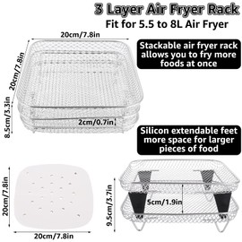AKOLAFE 3 Pack Air Fryer Rack Square for Ninja, 8 Inch Stainless Steel Air Fryer Accessories 3 Layer Stackable Airfryer Rack Set Dehydrator Rack, Including 8 Silicon Feet, 200 Parchment Paper
