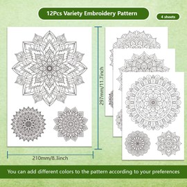 BENECREAT 4 Sheets 12 Pcs Mandala Water Soluble Embroidery Pattern, Stick and Stitch Embroidery Paper Designs, Embroidery Starter Kit for Beginners DIY Craft, Sewing Embroidery