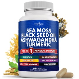 NEW AGE Sea Moss Black Seed Oil Ashwagandha Turmeric Bladderwrack Burdock - with Manuka, Honey Dandelion, ACV Black Pepper Gluten Free