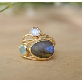 DCFSHEE Yellow Gold Plated Vintage Style Three Stone Ring Colourful Moonstone Topaz Wide Ring Jewelry for Women (US Size 8)
