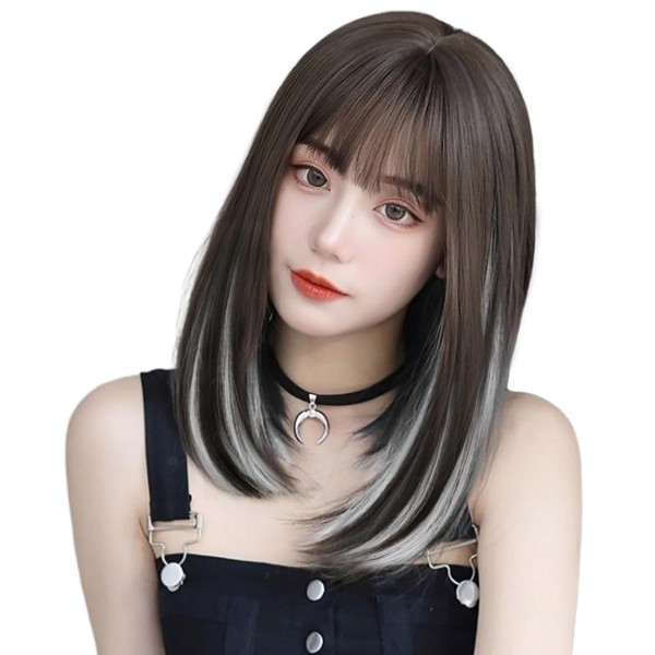 AISIQUEENS Wig, Inner Color, White, Semi-Long, Medium, Straight, Full Wig, Cross-Dressing, Women's, Everyday Use, Lolita, Daily Use, Cosplay, Wig, Landmine, Wig, White, Black Neck Included