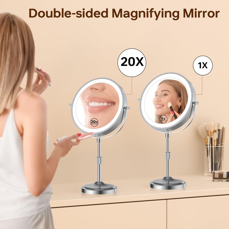 Erlingeryi 9" Magnifying Mirror with Lights 20X, Height Adjustable, Dimmable,