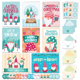 Decorably 16 Pack Foiled Gnome Christmas Cards with Envelopes & Stickers - 8 Designs Printed Message Inside Christmas Cards with Envelopes Gnomes, 5x7in Christmas Cards with Envelope