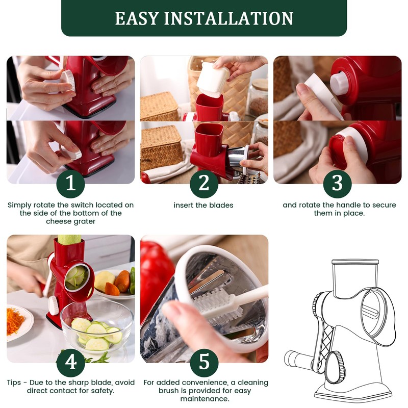 HANSGO Rotary Cheese Grater, Hand Crank Cheese Shredder, 3 Metal