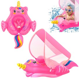 Newborn Baby Swimming Float 10-24 Months,Hot Pink Unicorn Inflatable Baby Pool Float Ring with Sun Canopy Seat Anti-Flip Tail,Baby Swimming Ring Floating Swim Circle for Baby Toddlers Infant Swim Ring
