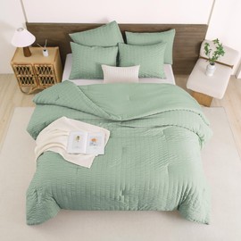 Andency Sage Green Comforter Full Size (79x90 Inch), 3 Pieces (1 Seersucker Textured Comforter and 2 Pillowcases), 100% Soft Washed Microfiber Summer Lightweight Down Alternative Bedding Set