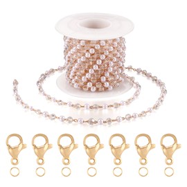KISSITTY 15Feet Artificial Pearl Beading Chain for Jewelry Making with Clear Beads Unwelded Golden Copper Necklace Chain Cable Link Chain with Lobster Clasps and Jump Rings for Bracelet DIY Craft