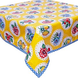 Doily 2 Yellow Oilcloth Tablecloth with Blue Gingham Trim