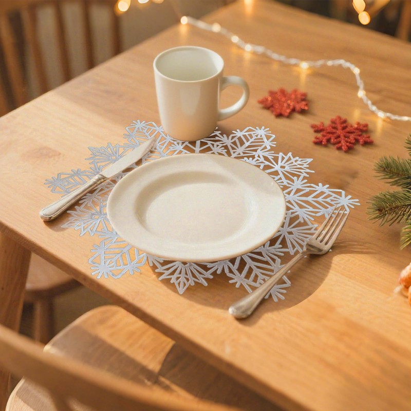 Christmas Snowflake Placemats Set of 6 Round Snow Tablemats, Silver