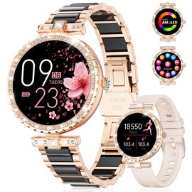 ESFOE Smart Watch for Women,1.19”AMOLED Elegant Smartwatch with Make/Answer Call,Fitness Tracker Ladies Watch with IP68 Waterproof 100+ Sports Pedometer for Android iOS,Black Ceramic,2 Straps