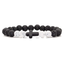 Fusamk Fashion Yoga Natural Stone Bracelet Religious Cross Beads Link Bracelet.7.5" Wrist (Black Cross/Lava/Two White Turquoise)