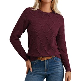 GRACE KARIN Women Long Sleeve Casual Sweaters, Cable Knit Fall Lightweight Pullover, Chic Cozy Wine Clothing M
