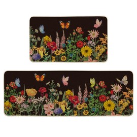 Artoid Mode Wood Flowers Butterfly Spring Kitchen Mats Set of 3, Seasonal Home Decor Leaves Low-Profile Kitchen Rugs for Floor - 17"x29"+17"x36"+17"x47"