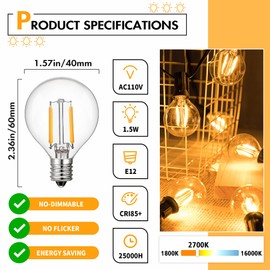 25Pack G40 Clear Glass Led Replacement Bulbs, 1.5W Equivalent 15W, Globe Light Bulb fits E12 C7 Screw Base Sockets, 1.5 Inch Edison Light Bulbs for Indoor Outdoor Patio Garden Decor, 2700K Warm White