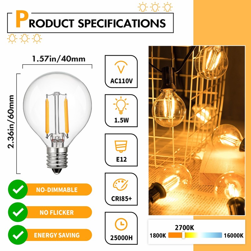 25Pack G40 Clear Glass Led Replacement Bulbs, 1.5W Equivalent 15W,