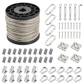 70 Pcs Kit Wire Rope 3 mm, 30 m Steel Cable with Eyelets, 4 Carabiner Hooks, 4 Rope Tension Set, 20 Crimping Loops, 10 Wire Rope Clamps, 10 Thimbles, 4 Eye Bolts, Washing Line Camping 7 x 7 PVC Coated