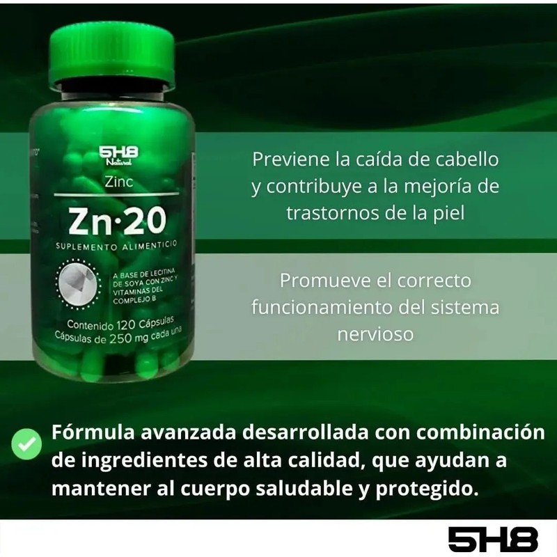 5h8 Zinc Zn2 120 Cápsulas, 20 Mgs De Zinc Complejo