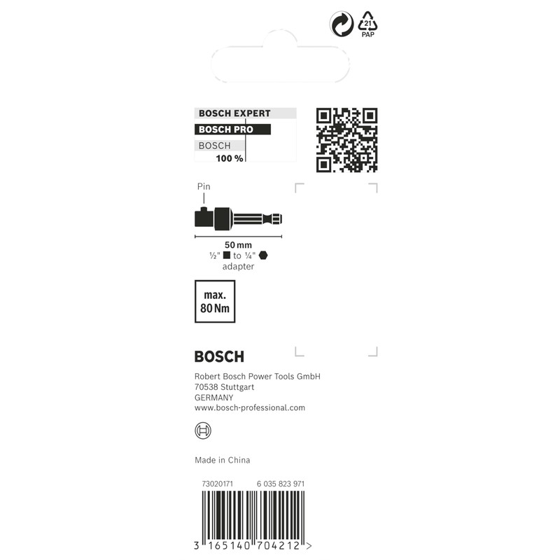 Bosch 2608551107 Adapter-1/4 hex to 1/2” Square, Silver, 1/4-Inch