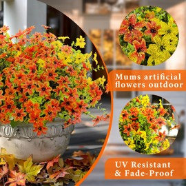Mutcolor 12 Bundles Faux Fall Flowers Artificial Mums for Outdoors Fake Plants UV Resistant for Planters Pots Garden Outside Front Porch Patio Hanging Basket Home Autumn Decoration (Orange+Yellow)
