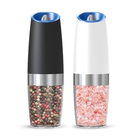 KIARYUOLL Gravity Electric Salt And Pepper Grinder Set, Automatic Salt And Pepper Grinder Set, Battery Powered (6 AAA Batteries Each), Adjustable Roughness, LED Light, 2 Pack, (Black+White)
